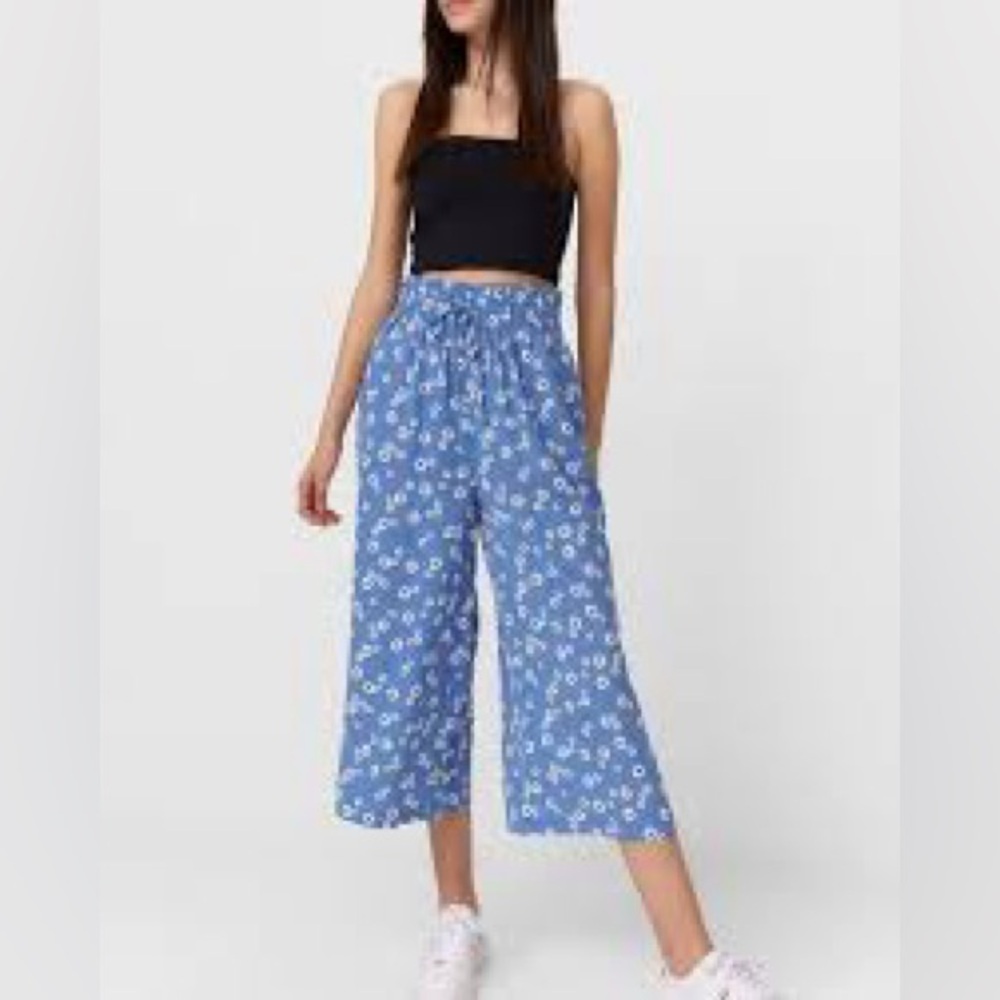 Stradivarius Blue Floral Wide Leg Pants